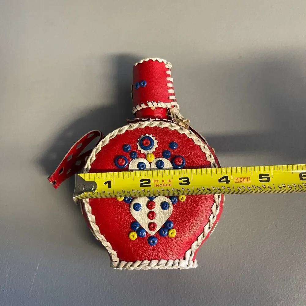 Vintage Genuine Leather Handmade Tribal Red Covered Glass Bottle Canteen Flask